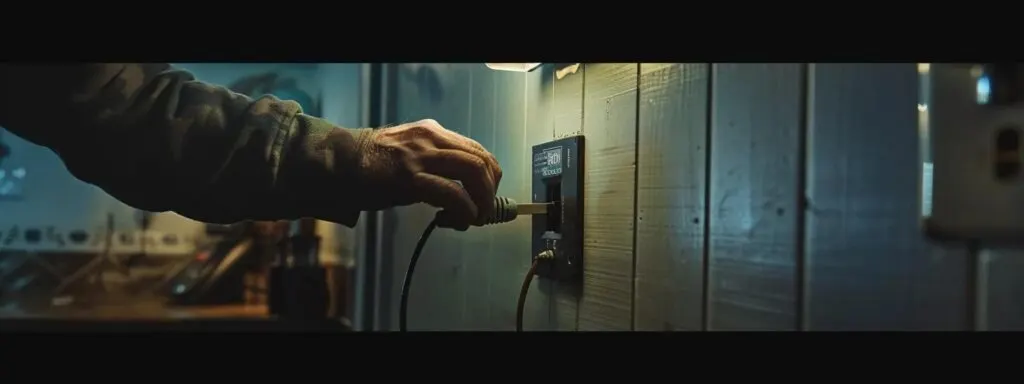 a close-up shot of a hand inspecting a power supply cord plugged into an outlet next to a circuit breaker box with a flipped switch.