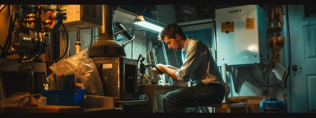 a focused technician swiftly repairing a furnace in a dimly lit home, surrounded by tools and equipment.