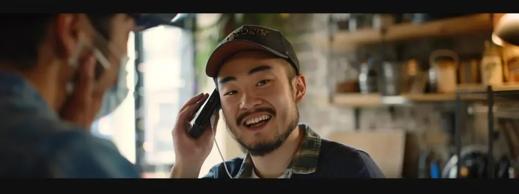 a friendly repair technician answering a phone call with a warm smile while a satisfied customer looks on, creating a welcoming and professional atmosphere.