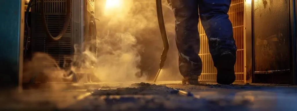 a person carefully vacuuming dust and debris from the blower and burner compartments of a furnace to ensure optimal heating performance.