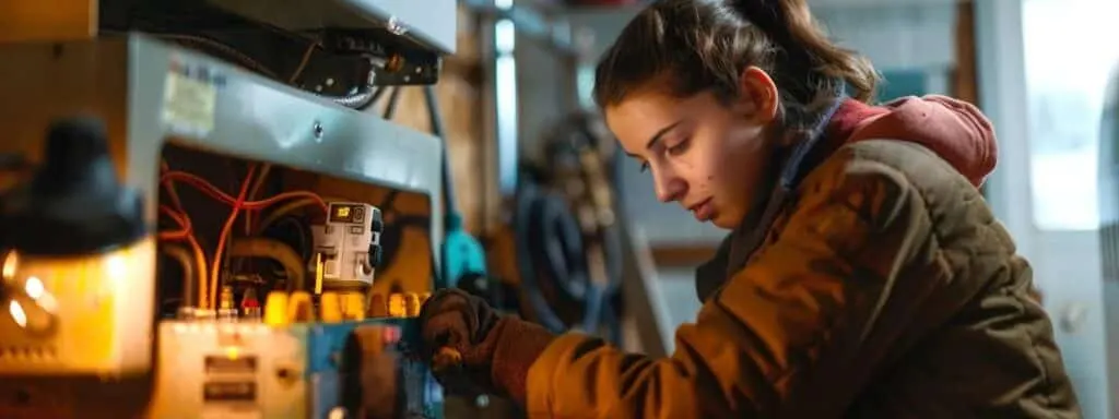 a person checking the thermostat settings on a heating system, with a toolbox nearby and a focused expression.