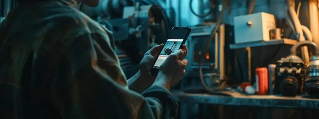 a person holding a smartphone, scrolling through a local community group on social media filled with recommendations for a furnace repair company.