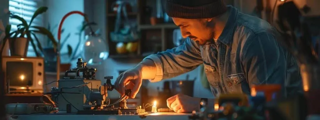 a person inspecting a glowing pilot light in a dimly lit room, surrounded by tools and a clean filter, highlighting meticulous troubleshooting techniques for a heating system.