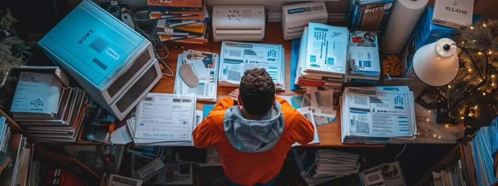 a person surrounded by multiple furnace repair companies' brochures, comparing prices and service offerings.