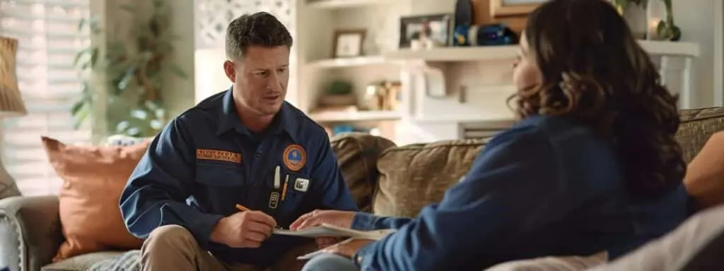 a professional technician in a uniform, displaying their certification badge, answering questions from a homeowner in a cozy living room.