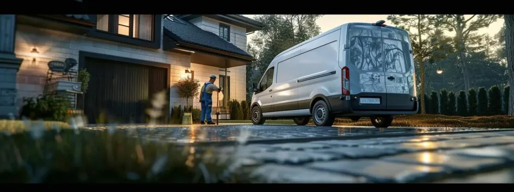 a professional technician in a branded van arriving at a house with emergency furnace repair tools in hand.