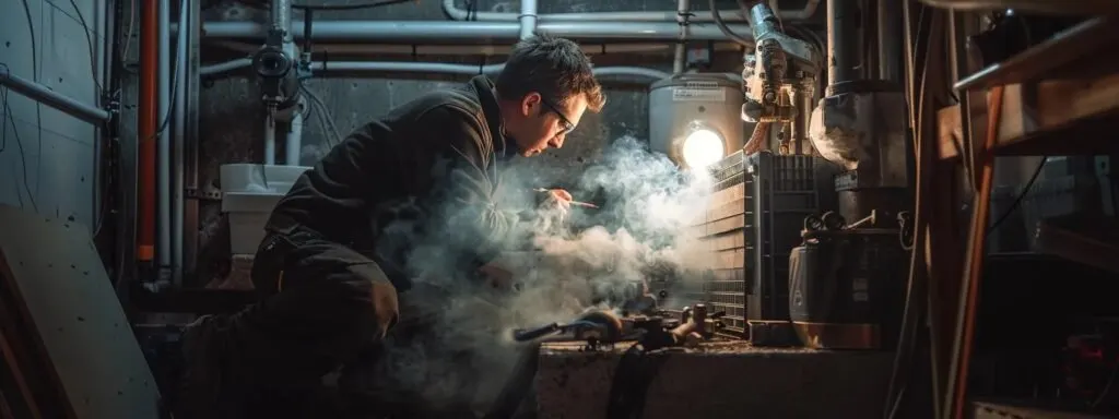 a technician examining a furnace with billowing smoke, surrounded by tools, in a dimly lit basement.