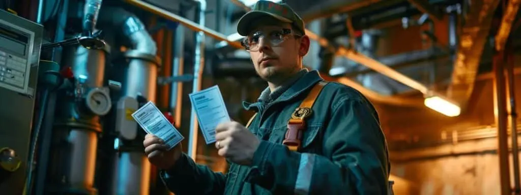 a technician in a uniform holding up a license and certification badges, standing in front of a furnace.