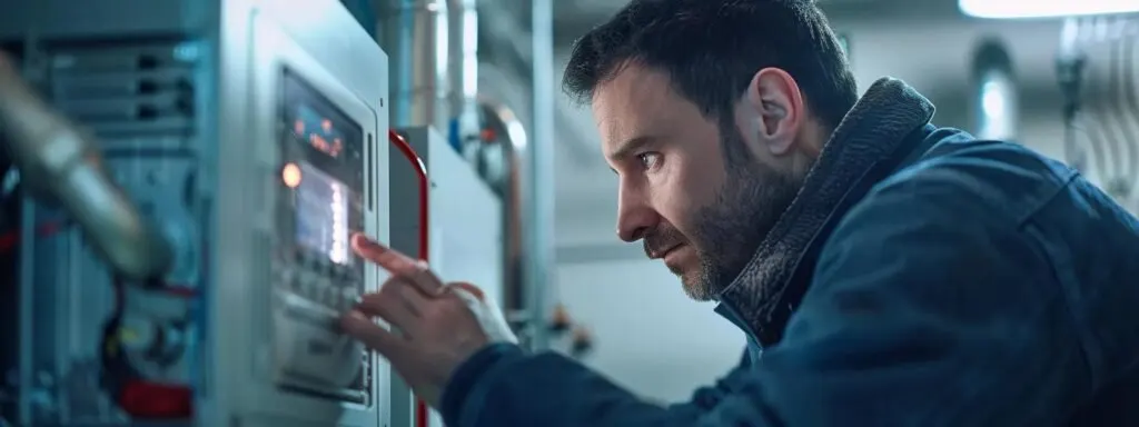 a technician inspecting a heater with visible damage and error codes on the digital display.