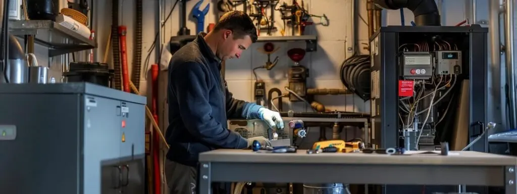 a technician inspecting a well-maintained furnace, surrounded by tools and a checklist for seasonal maintenance.