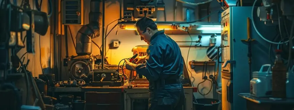 a technician swiftly repairing a malfunctioning furnace, surrounded by tools and equipment, in a dimly lit room.