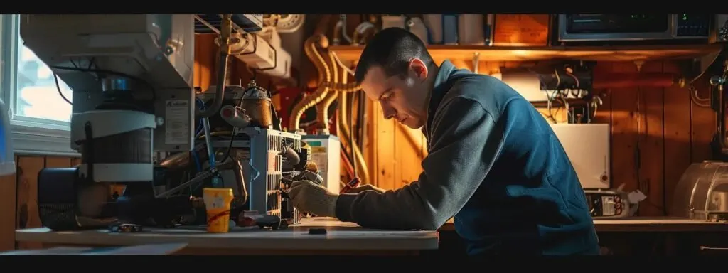 a technician working diligently on repairing a furnace in a cozy home setting.