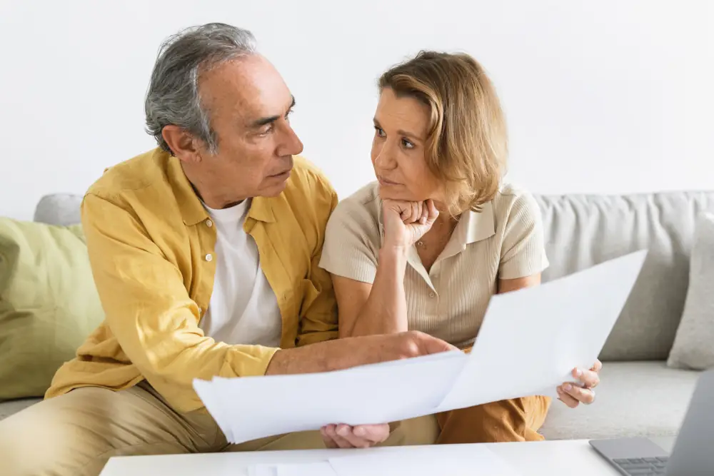 Heat pump installation costs - Concerned senior spouses sitting on sofa with papers, checking bills