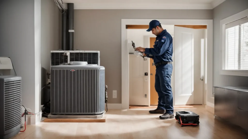 a professionally dressed hvac contractor is installing an energy-efficient heating and ventilation system in a bright, modern arlington home.