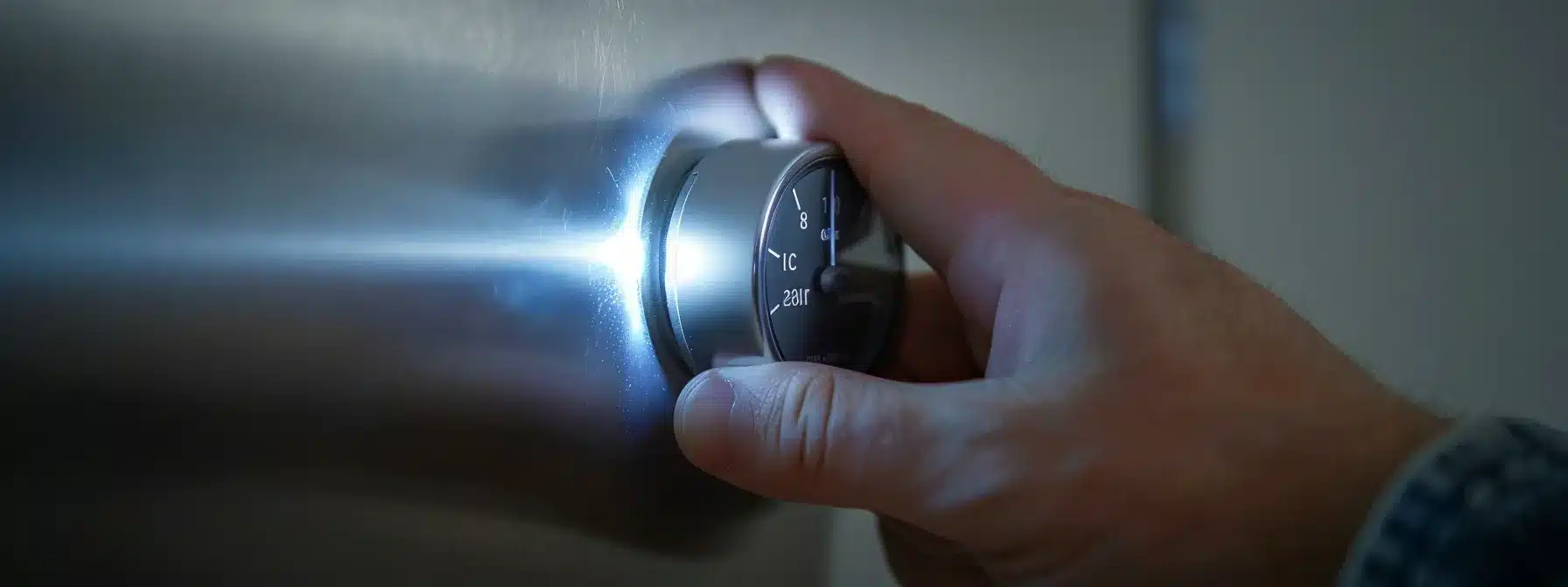 a close-up photograph of a shiny silver thermostat being checked by a homeowner's hand.