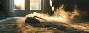 a handheld vacuum cleaner removing dust from a dusty heating vent.