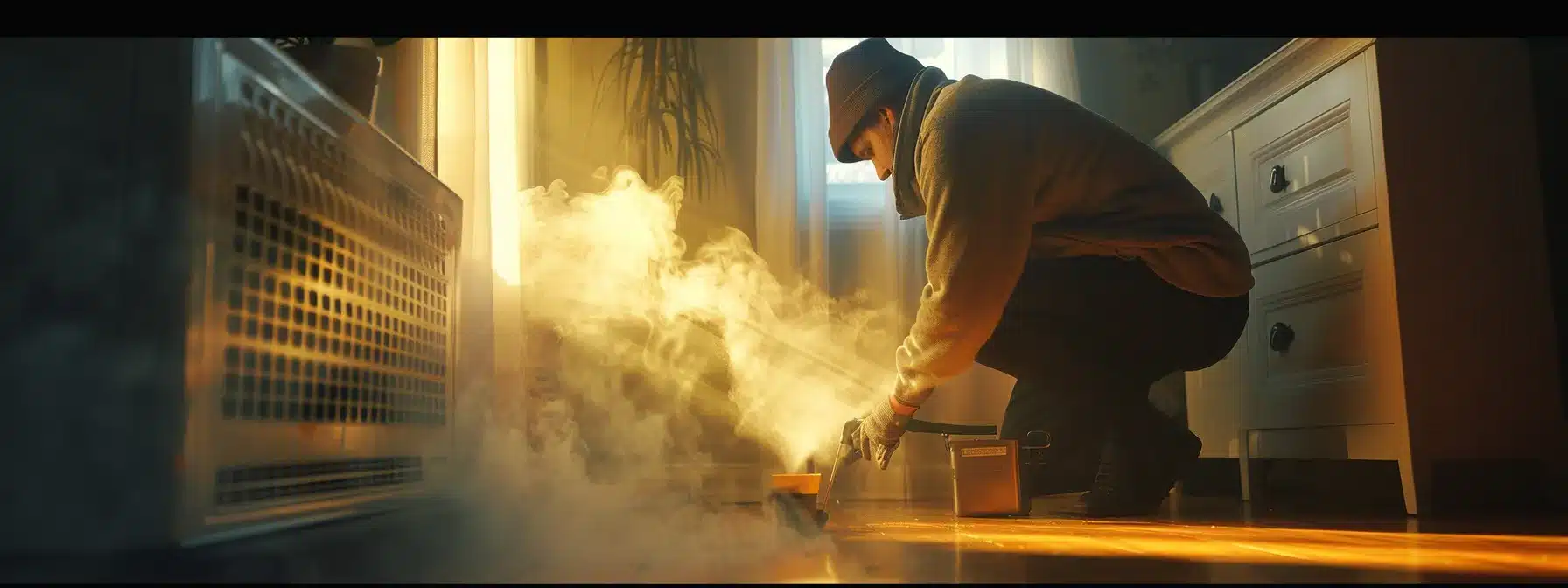 a homeowner carefully cleaning the dusty vents of a powerful, well-maintained heater.