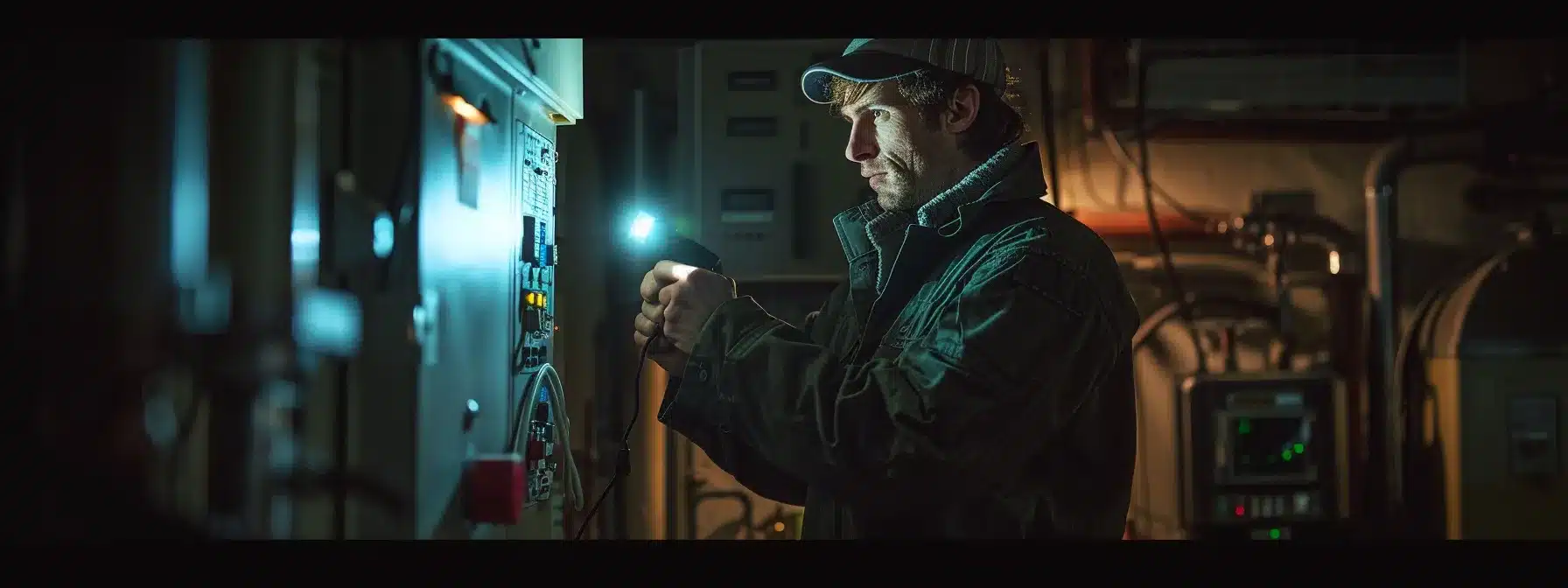 a mechanic holding a flashlight inspecting the electrical panel of a residential heater in a dimly lit basement.