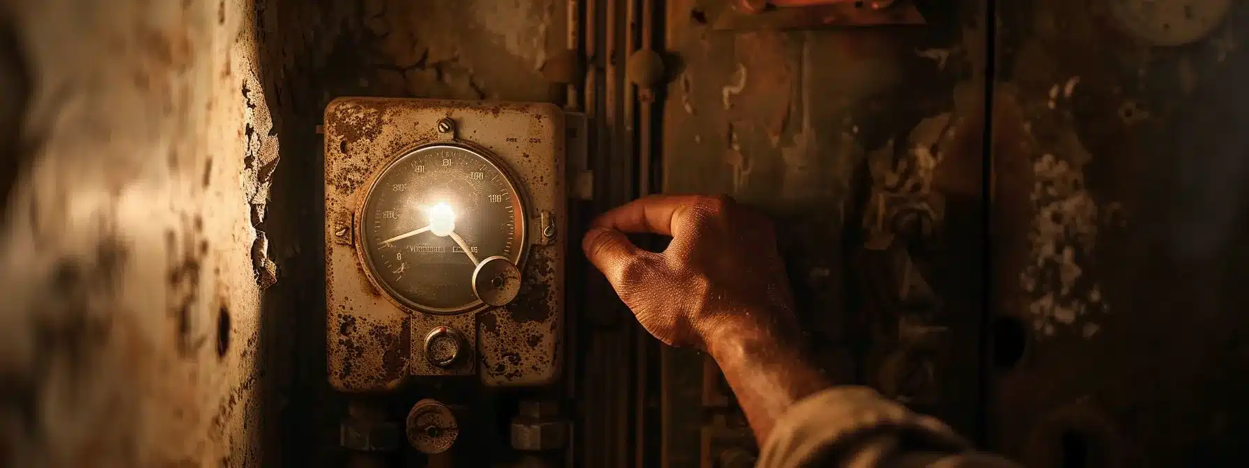 a person adjusting the thermostat dial on a dusty, old heater in a dimly lit room.