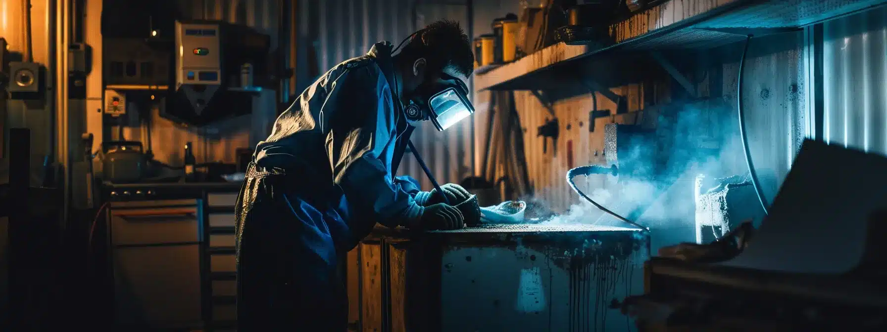 a person in goggles and gloves carefully cleaning a dusty, rusted furnace in a dimly lit garage.