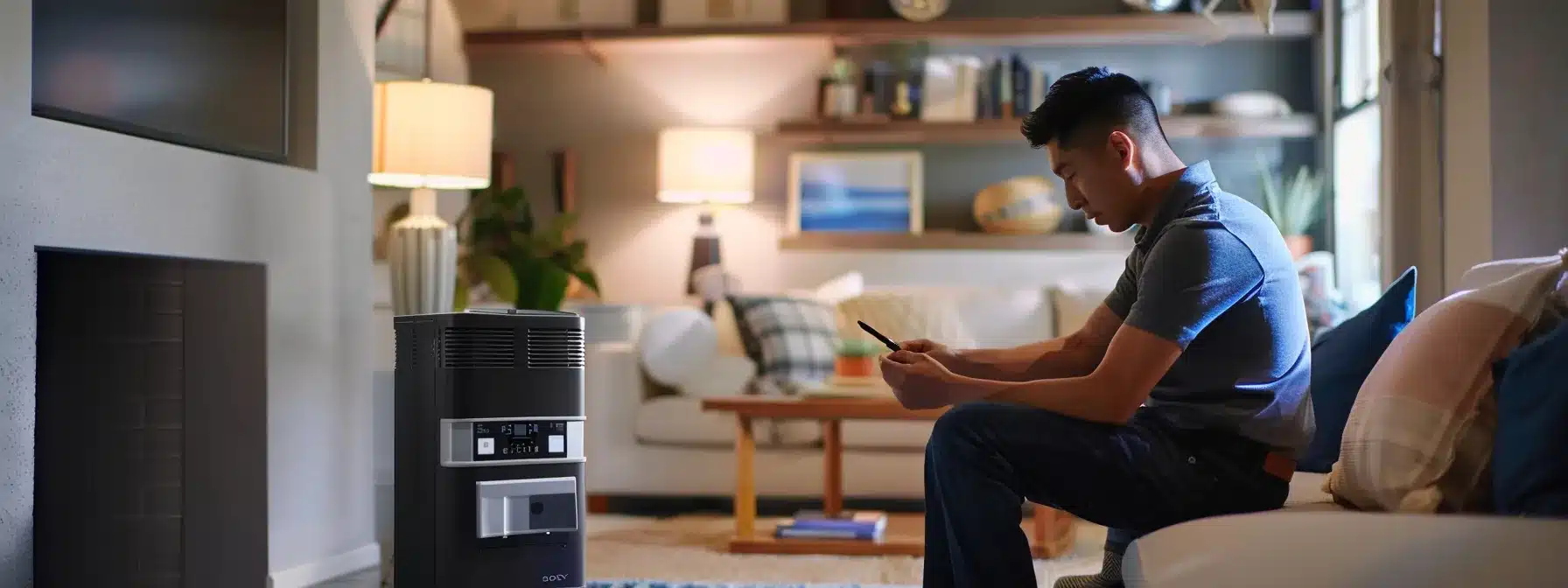 a professional hvac technician inspecting a modern, sleek furnace in a cozy living room setting.