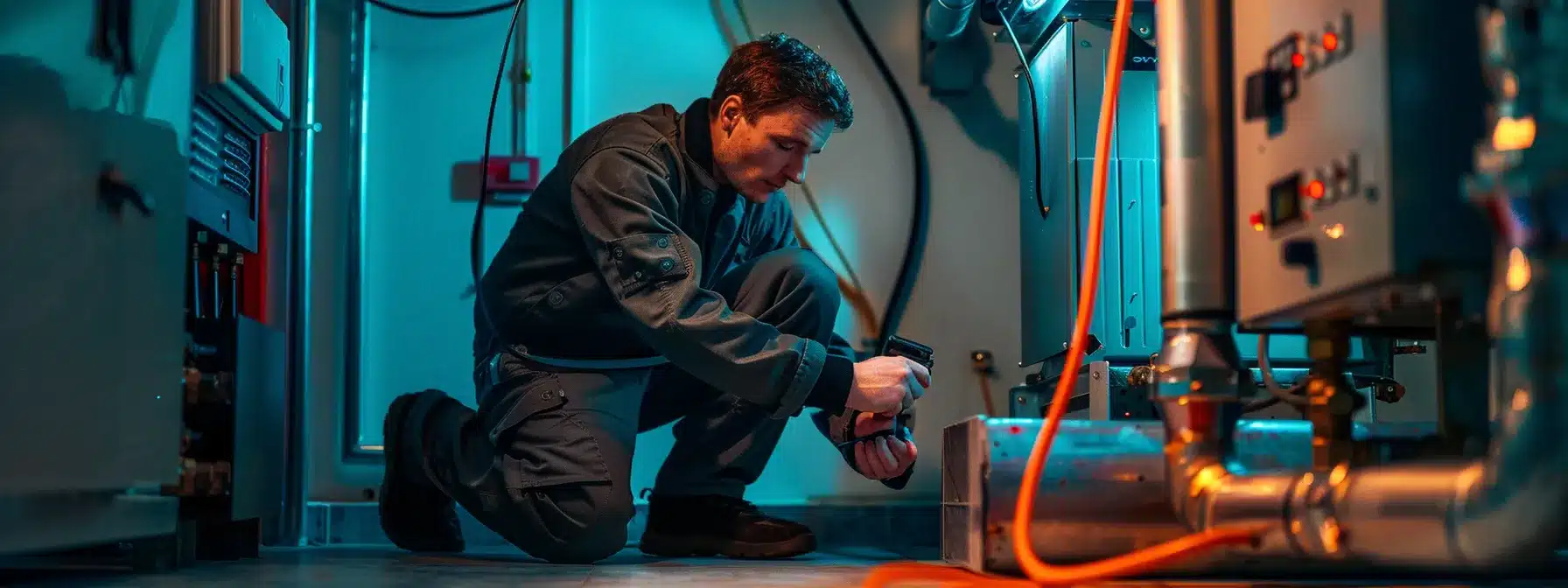 a professional technician conducting a meticulous inspection on a gleaming, high-tech heating unit in a dimly lit room.