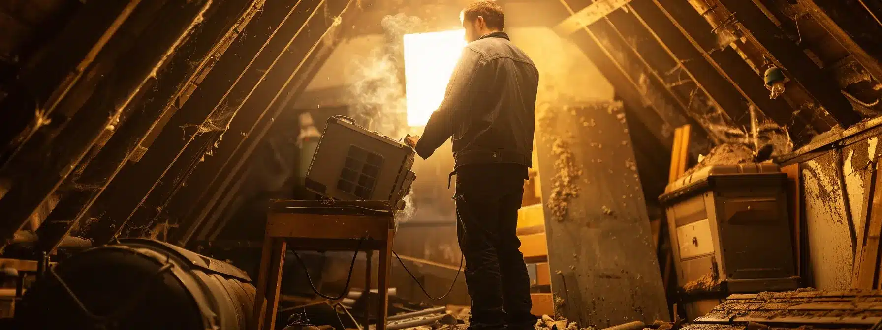 a technician inspecting an old, rusty hvac system in a dimly lit attic, with a flashlight illuminating the dusty unit. Looking for common hvac issues