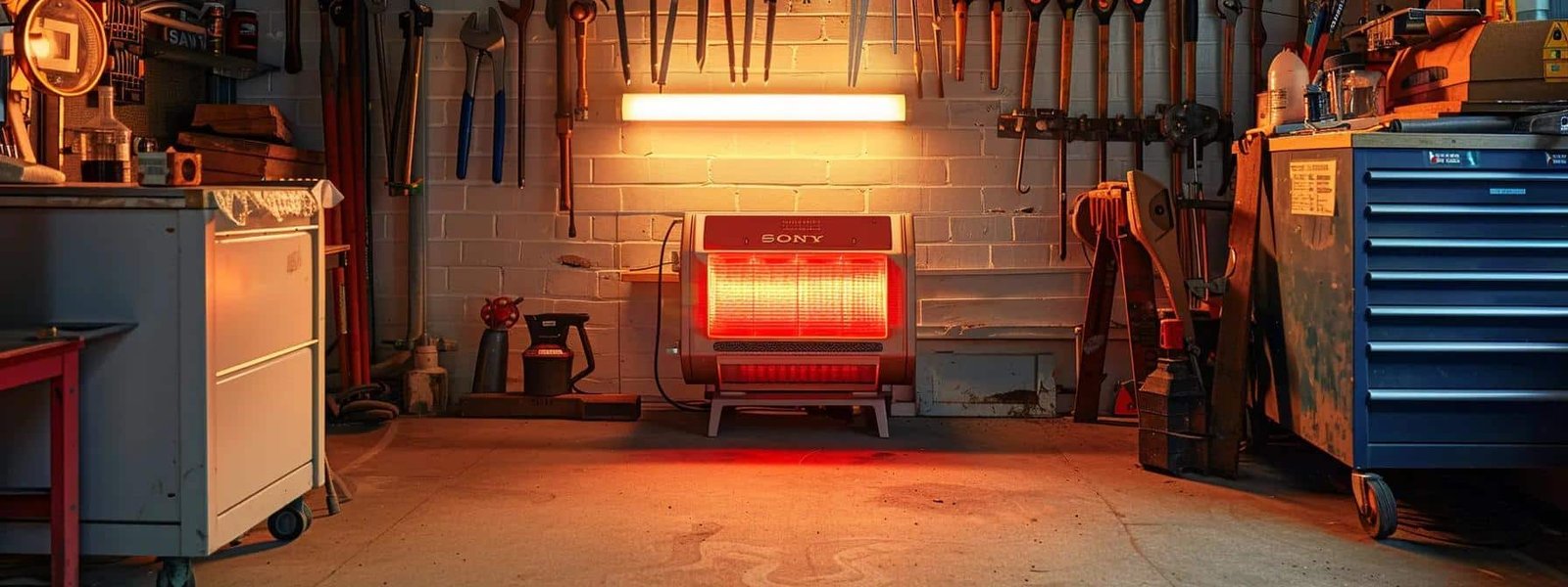 a bright red heater glowing warmly amidst a clean, clutter-free room, surrounded by tools for maintenance.