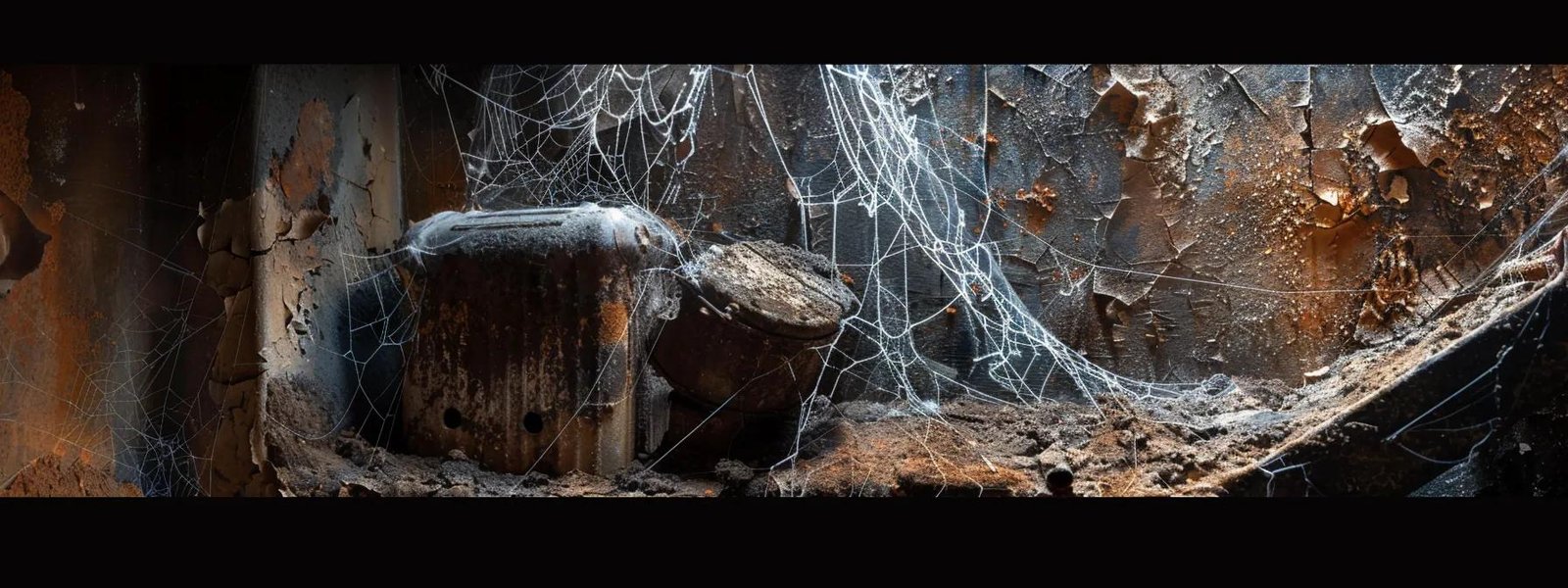 a dark, dusty basement corner with a non-functional heater covered in cobwebs and rust.