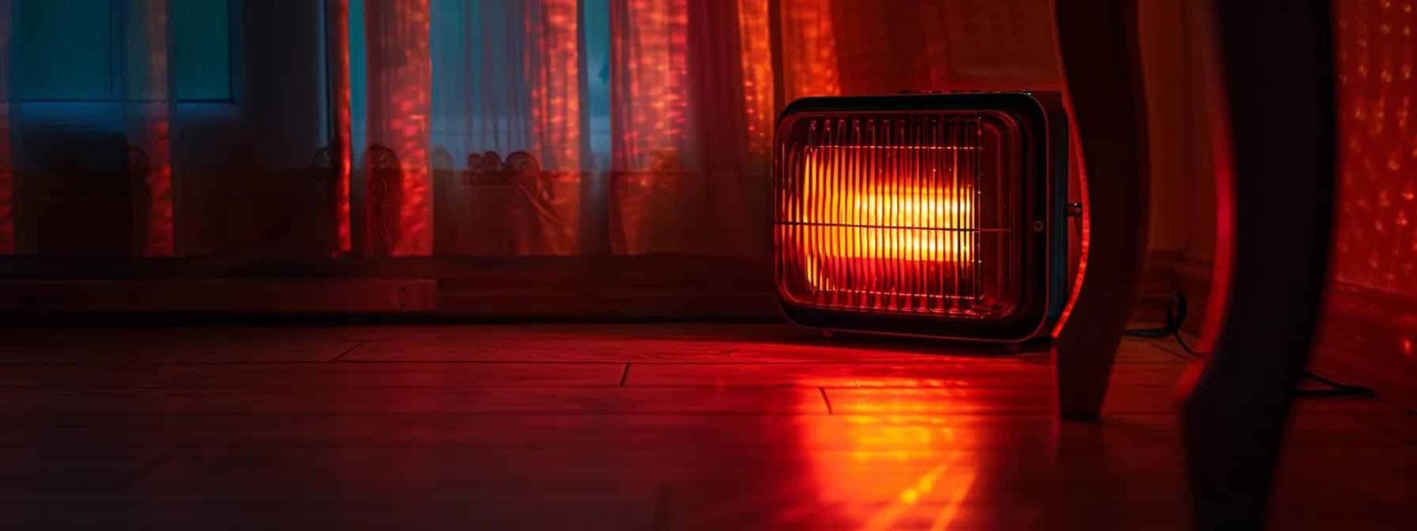 a dark room with a nonfunctional heater surrounded by a faint glow of its red power indicator light.