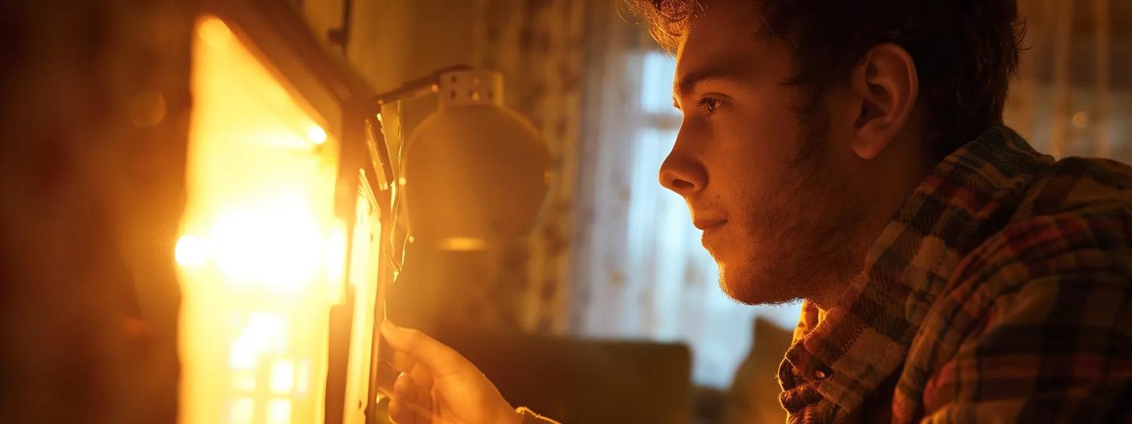 a person examining a thermostat with a puzzled expression next to a glowing, malfunctioning heater.