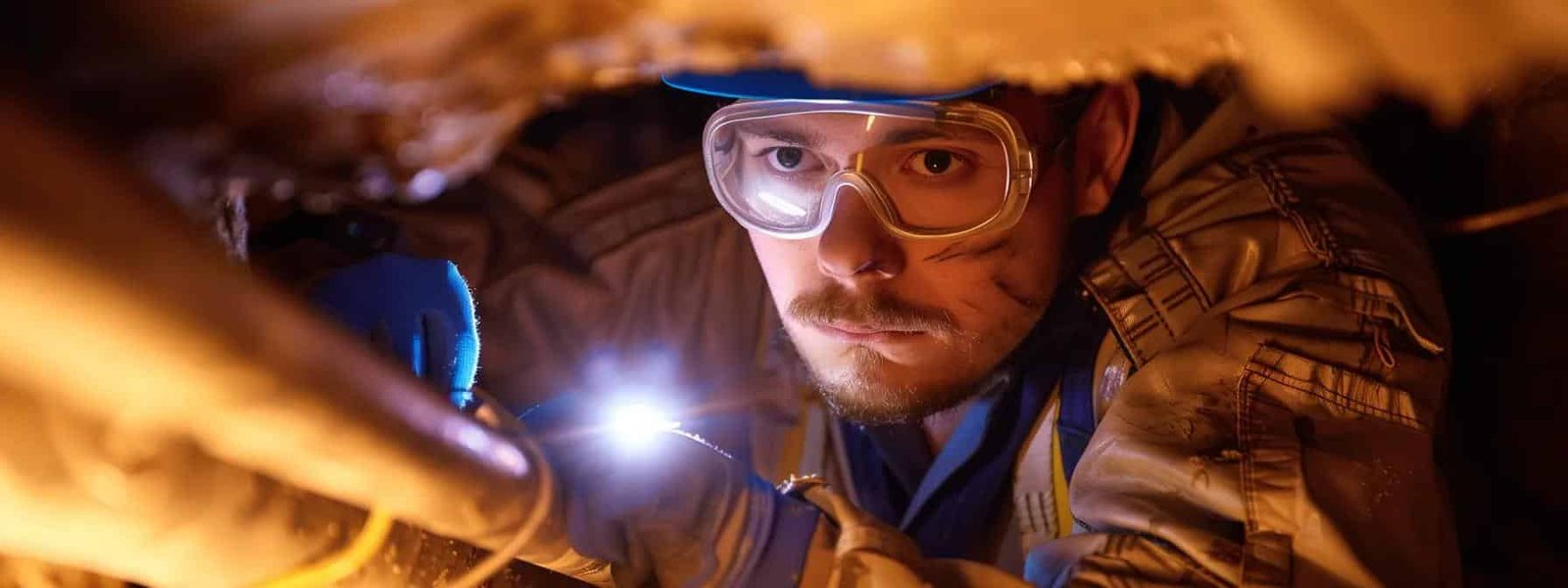 a person wearing protective goggles and gloves carefully inspecting the interior of a furnace with a bright flashlight.