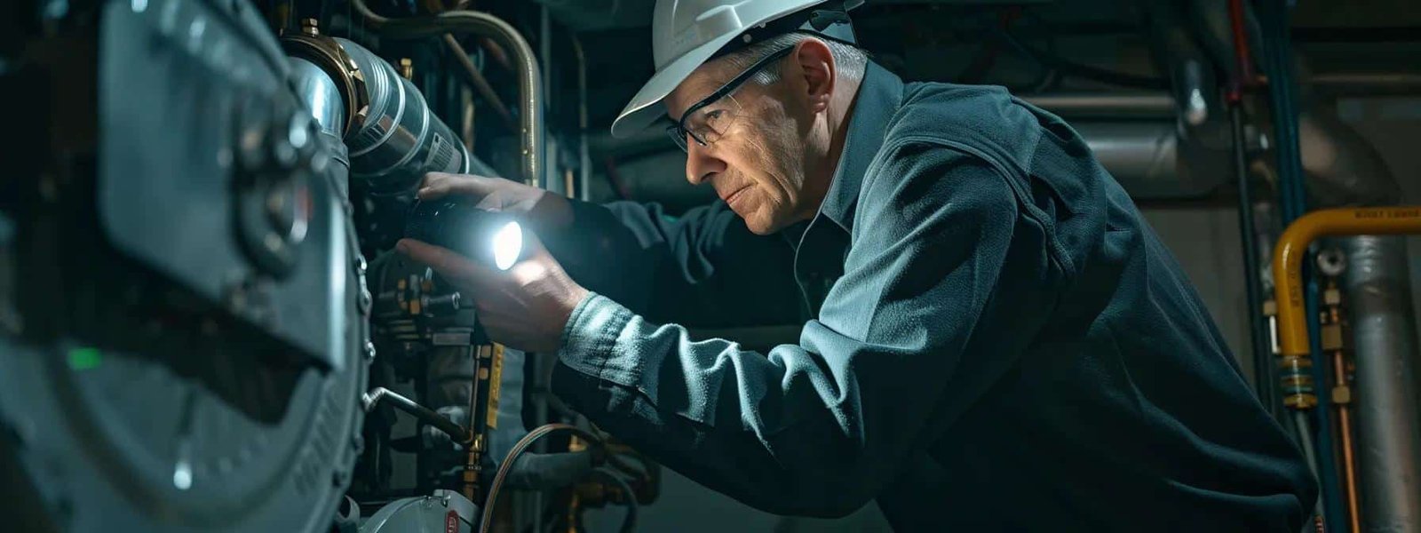 a professional technician meticulously inspecting a spotless furnace with a bright flashlight.