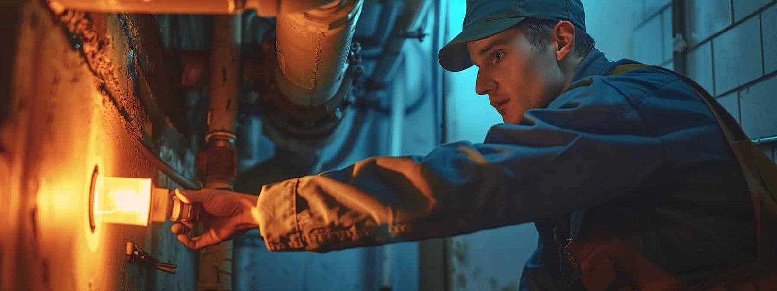 a skilled technician in uniform inspecting a glowing furnace in a dimly lit basement.