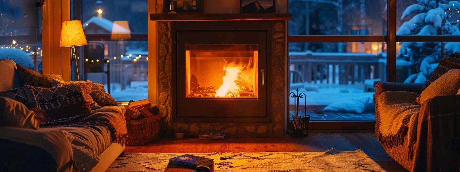 a cozy living room with a roaring fireplace casting a warm glow, ensuring your heater works perfectly all winter.