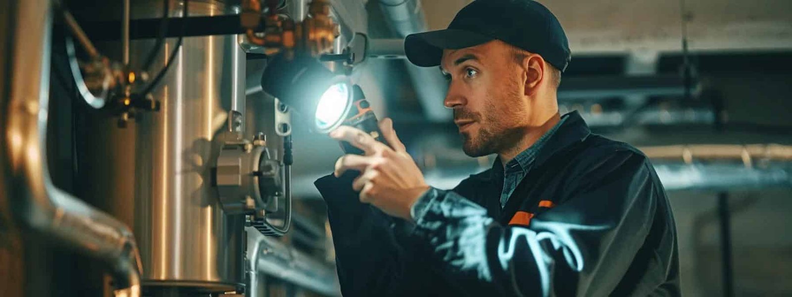 a skilled technician inspecting a gleaming, well-maintained furnace with a bright flashlight.