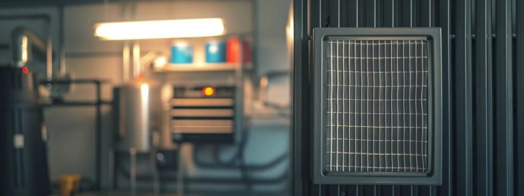 a clean air filter being replaced in a well-lit room with a heater in the background, emphasizing preventive maintenance for efficient heating.