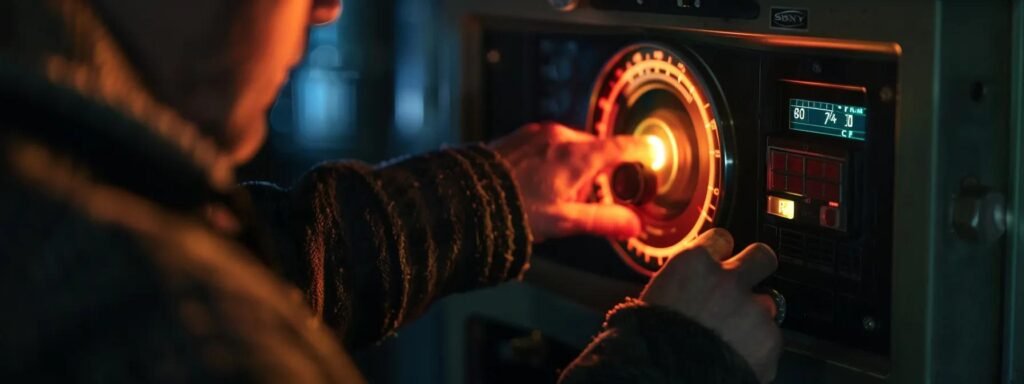 a close-up shot of a person inspecting the pilot light on a gas heater, with a focused expression and hand reaching out to the valve.