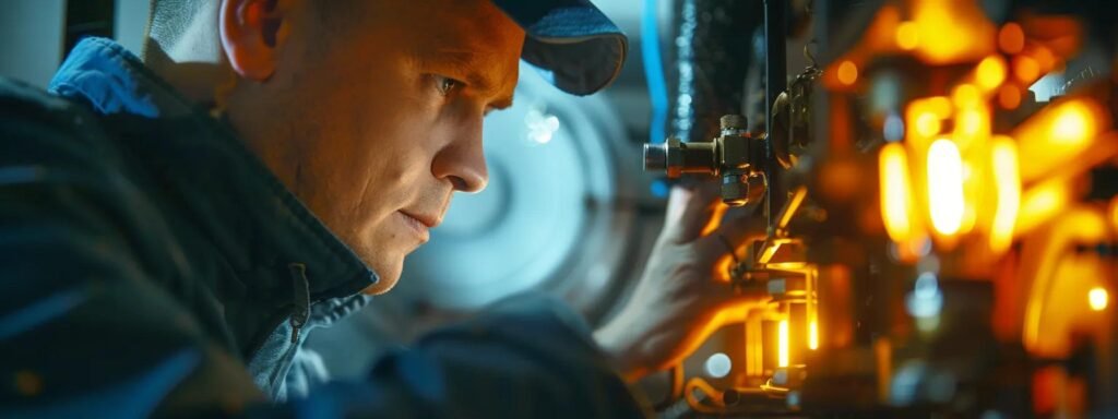 a close-up shot of a technician inspecting the hot surface igniter of a heater, with a focused, determined expression.