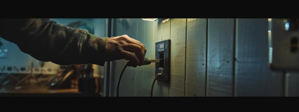 a close-up shot of a hand inspecting a power supply cord plugged into an outlet next to a circuit breaker box with a flipped switch.