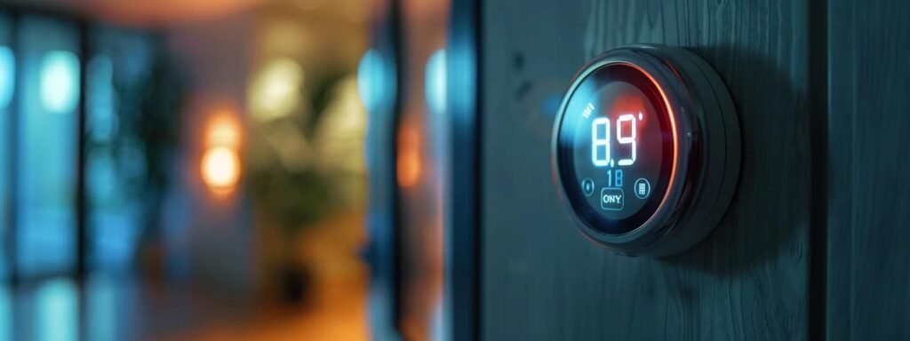 a close-up of a thermostat set to heat with a clear, digital display showing the desired room temperature, highlighting the importance of verifying the settings for efficient heating.