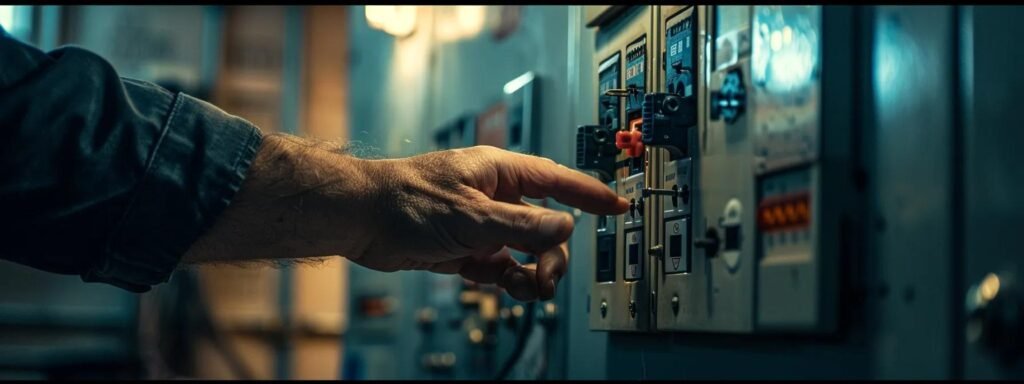 a close-up photo of a hand flipping circuit breaker switches in a dimly lit utility room, highlighting the importance of verifying power and electrical systems for a heater.