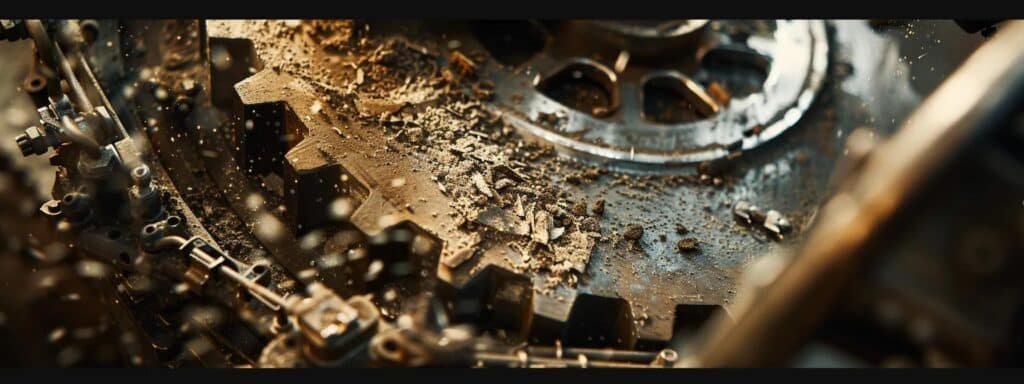 a close-up shot of someone carefully clearing dust and debris from the burner assembly of a heater, with a focus on the intricate components and particles being removed.