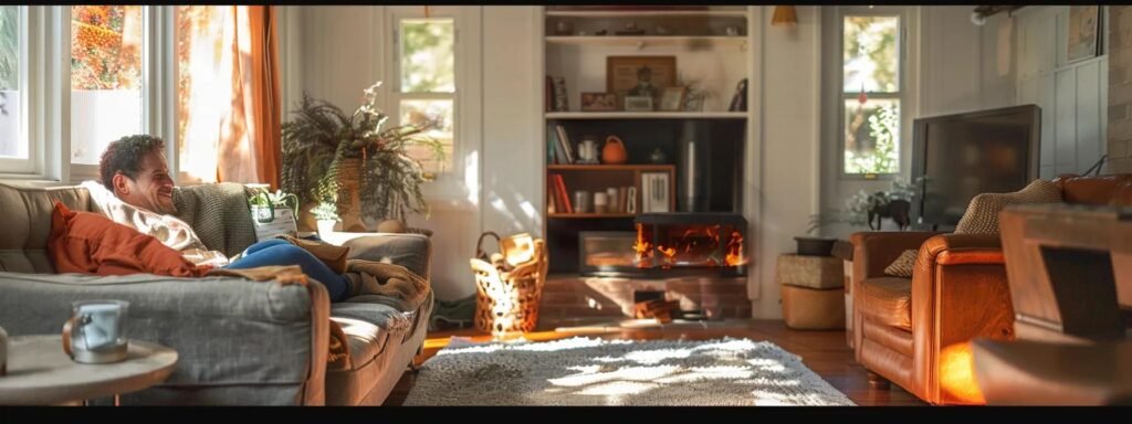 a cozy living room with a beaming homeowner, surrounded by a newly repaired heater, exuding warmth and satisfaction.