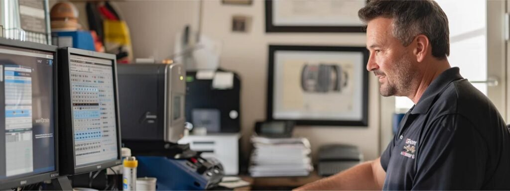 a customer scrolling through a computer screen filled with positive reviews of various furnace repair companies, with a stack of certified licenses and a friendly customer service representative in the background.