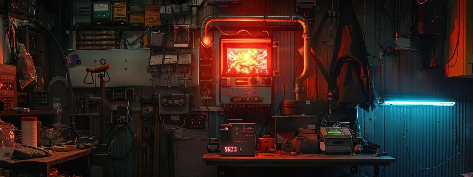 a dark room with a non-functional heater glowing red with warning lights, surrounded by various tools and a determined technician ready to fix the issue.