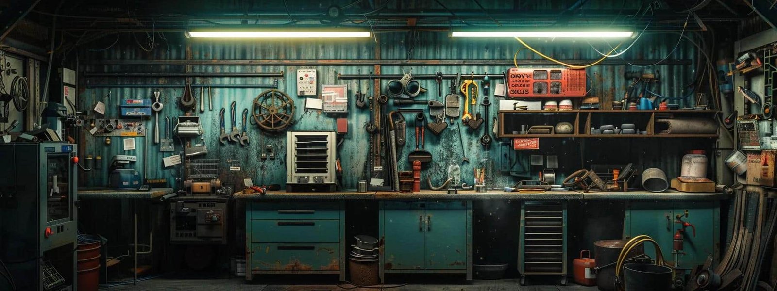 a dimly lit garage with a dusty old heater sitting in the corner, surrounded by a variety of tools and parts for repair.