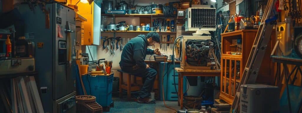 a friendly local technician repairing a furnace in a cozy home, surrounded by tools and spare parts, with a visible price list for transparent pricing.