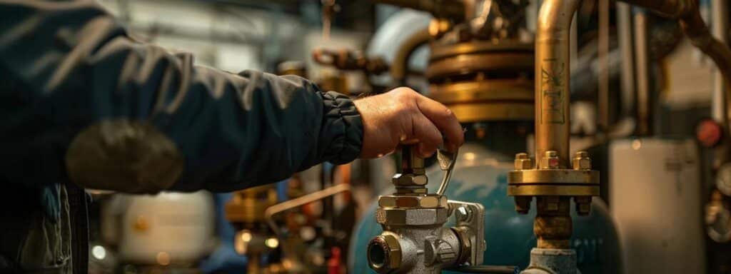 a hand turning on a gas valve with a propane tank in the background, ensuring a proper fuel supply for a heater.