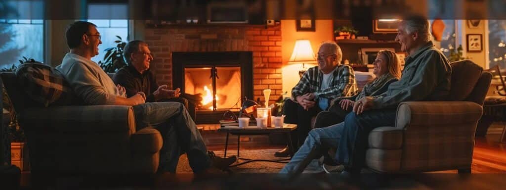 a homeowner discussing furnace repair services with neighbors and friends in a cozy living room, surrounded by community recommendations and referrals.